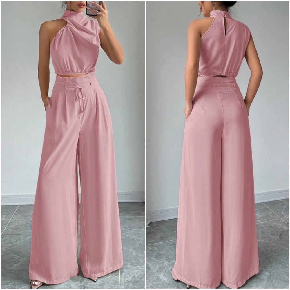 Classic Solid One Shoulder Wide leg Pants Set - Picture 4 of 7